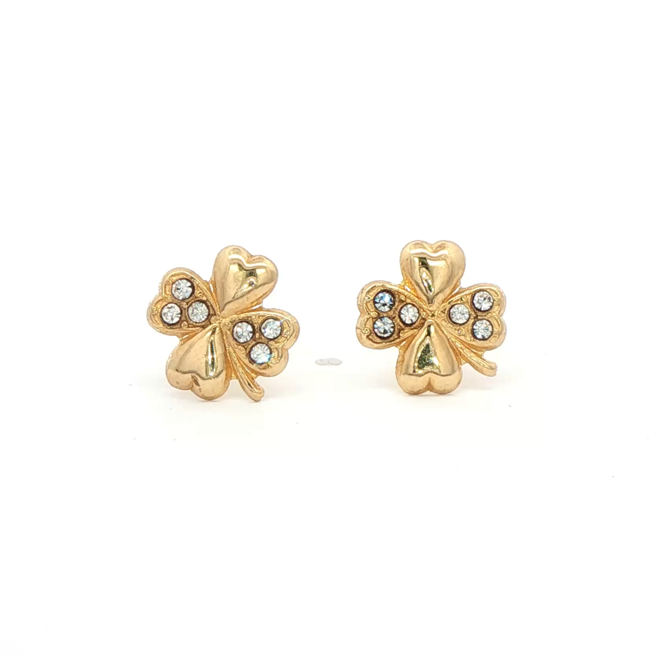 Yellow Gold 10K Clover Stud Earrings with Round Brilliant Cut CZ