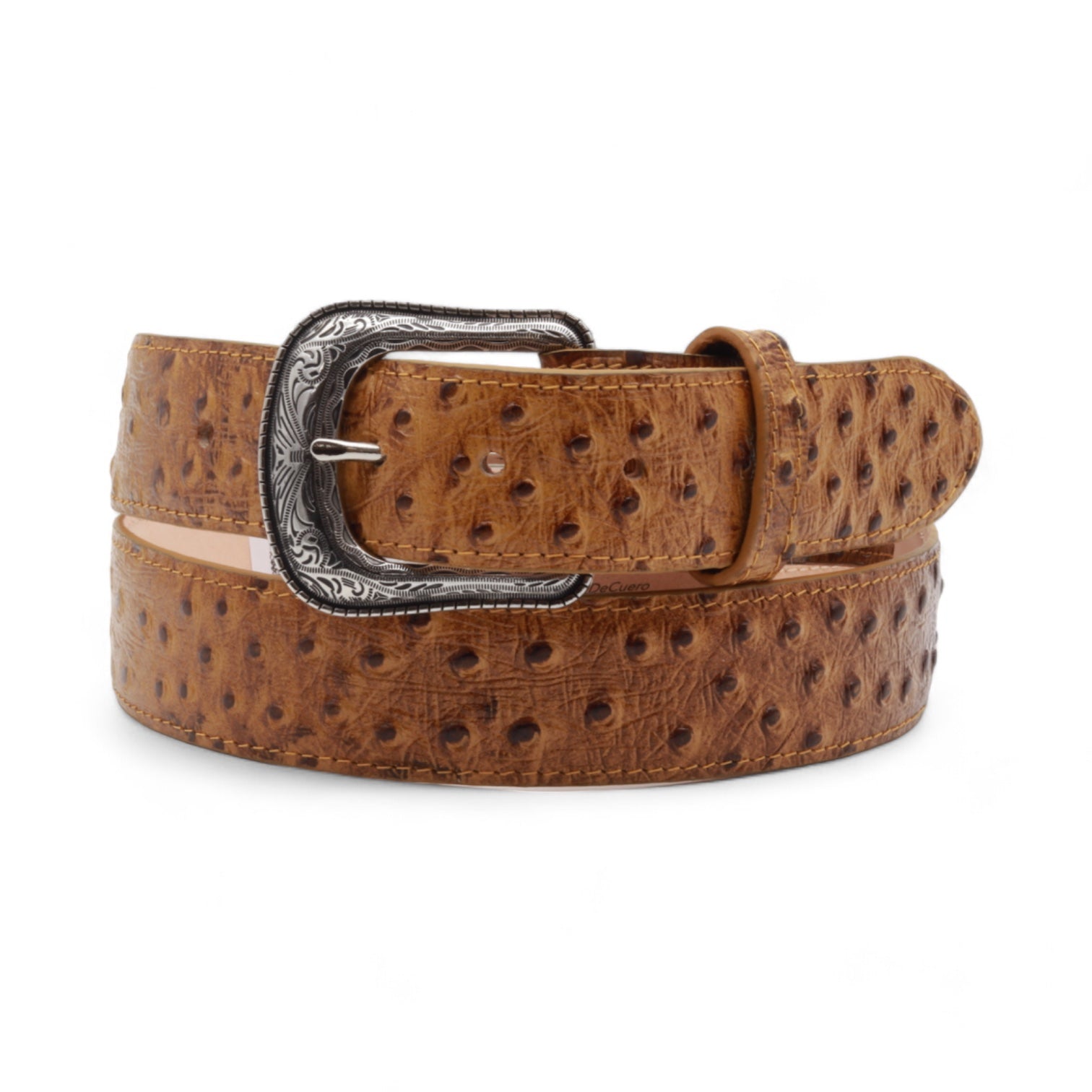 Vermont Camel Ostrich Print Leather Belt