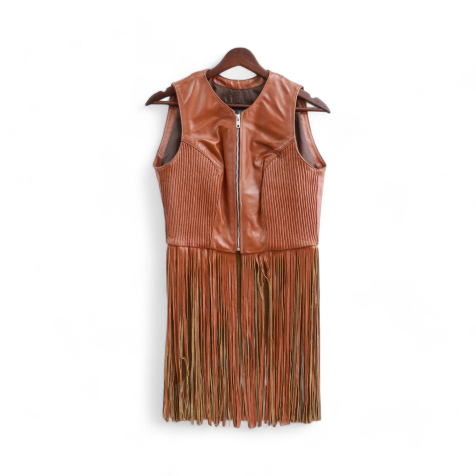 Chiara Women's Camel Leather Vest with Fringes