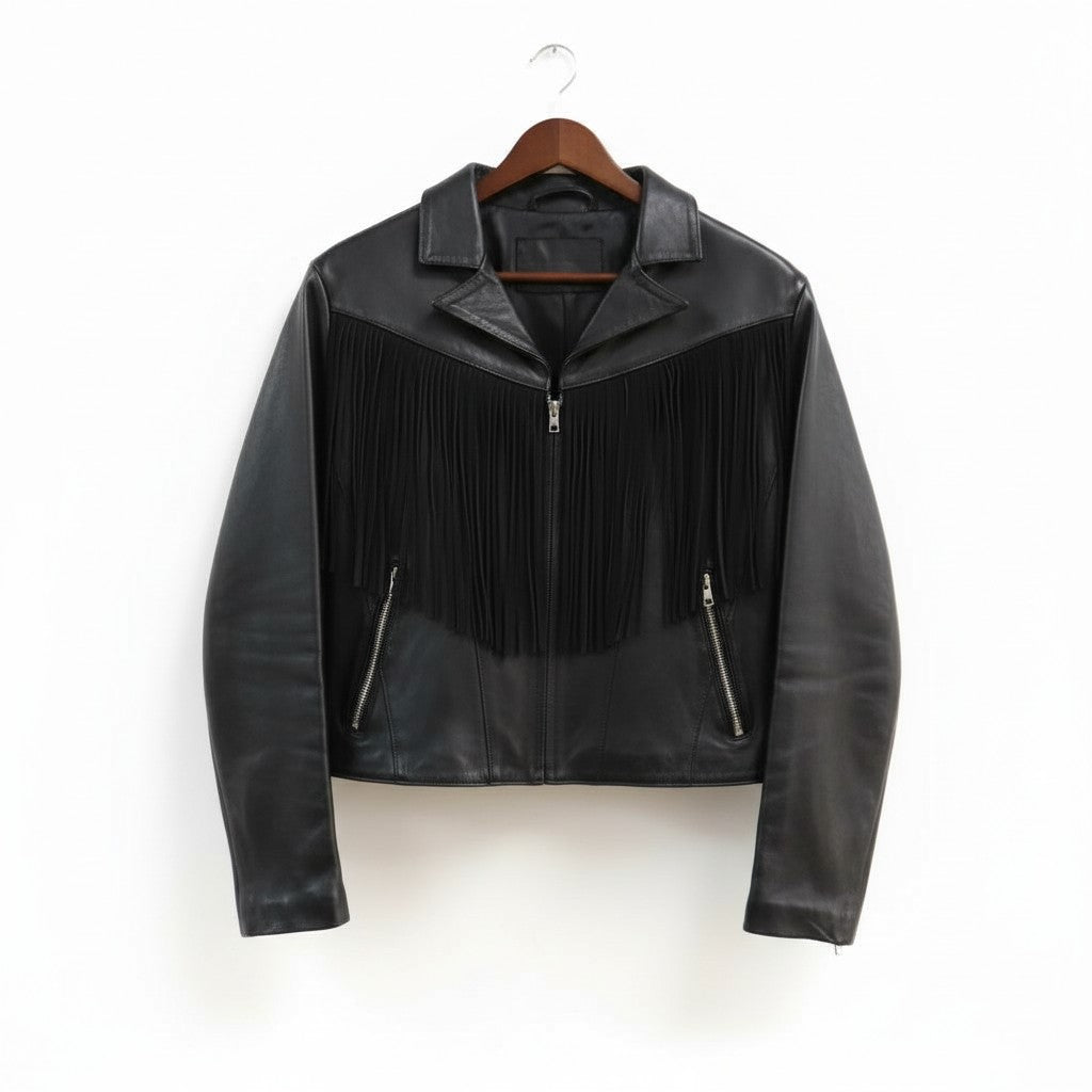 Giulia Women's Black Leather Jacket with Fringes