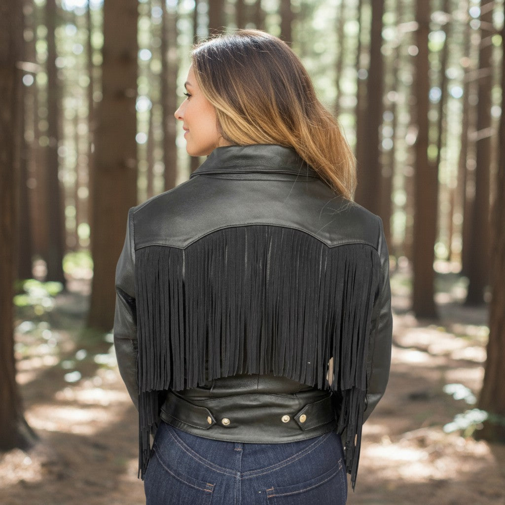 Giulia Women's Black Leather Jacket with Fringes