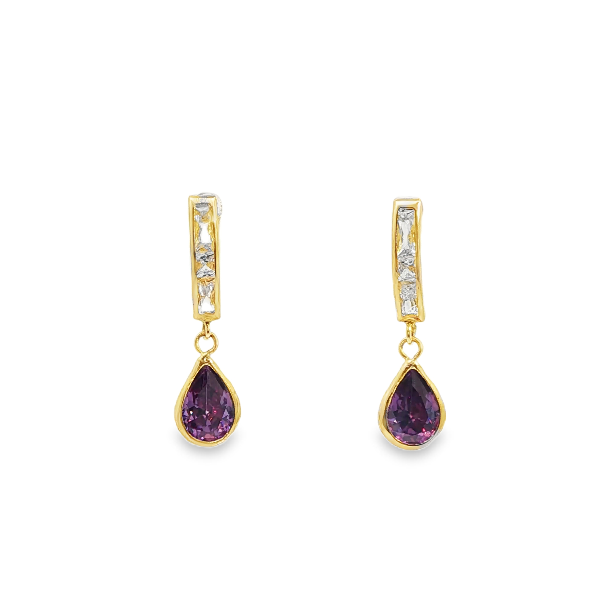 Yellow Gold 14K Drop Earrings with Pear Shaped Purple Stone