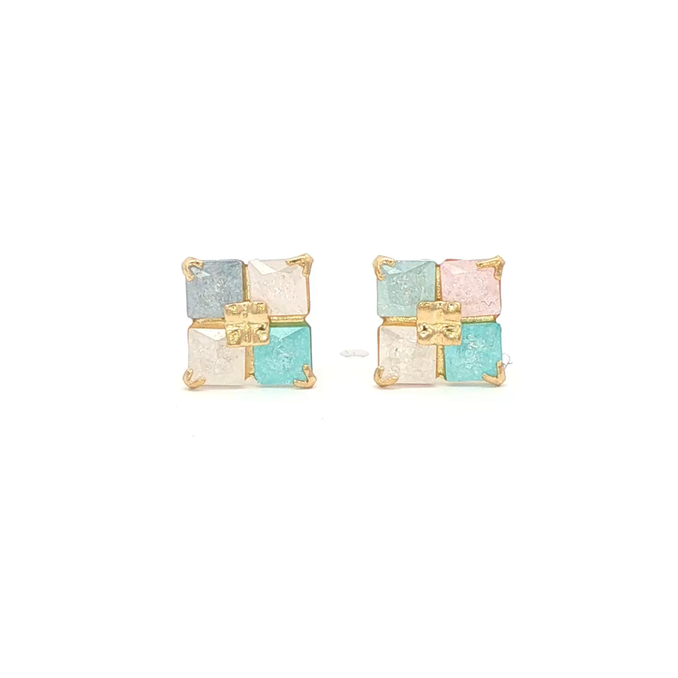 Yellow Gold 14K Stud Earrings with Square Stone Cabochons