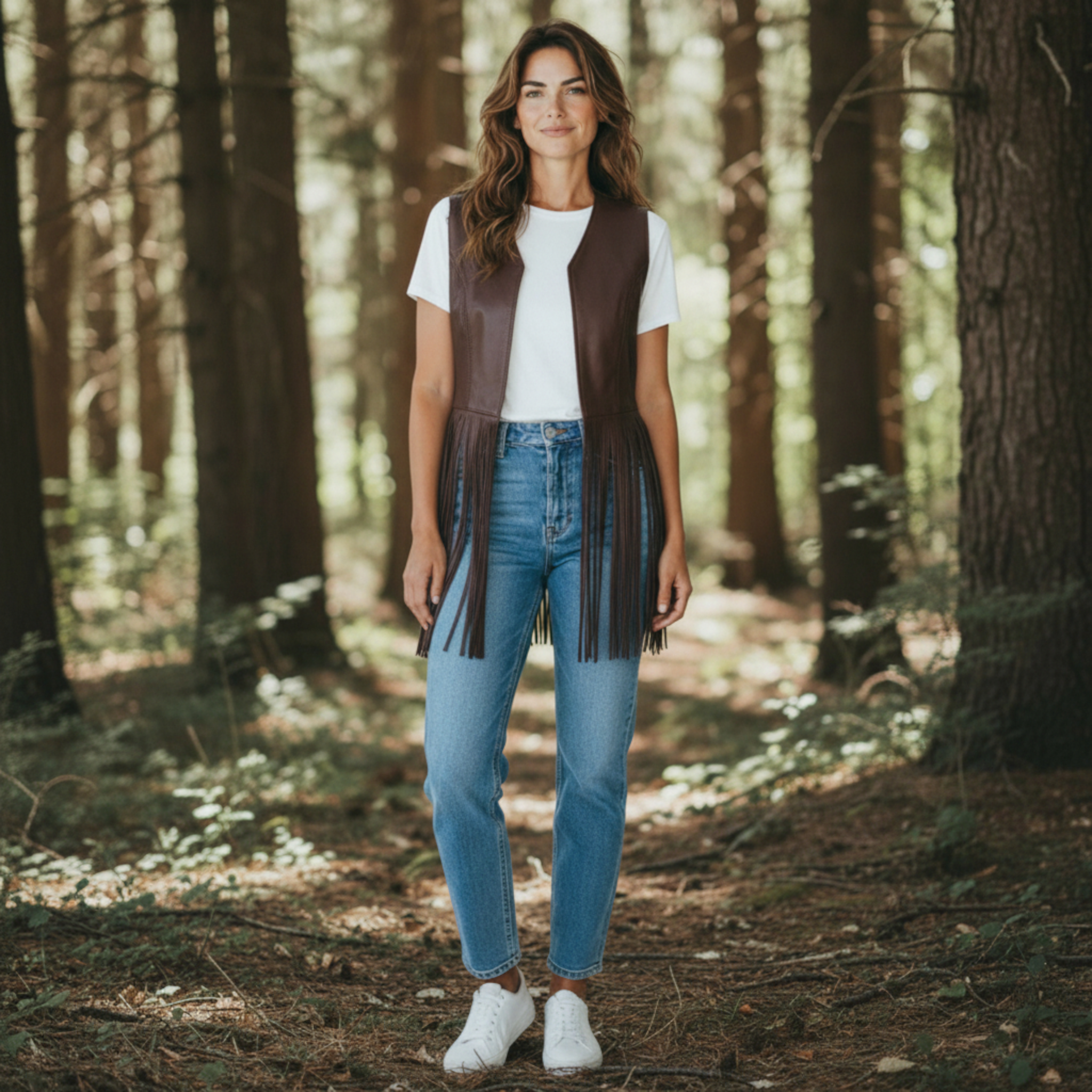 Chiara Women's Brown Leather Vest with Fringes