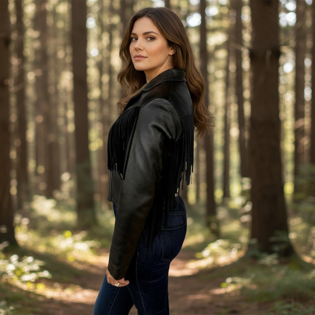 Giulia Women's Black Leather Jacket with Fringes